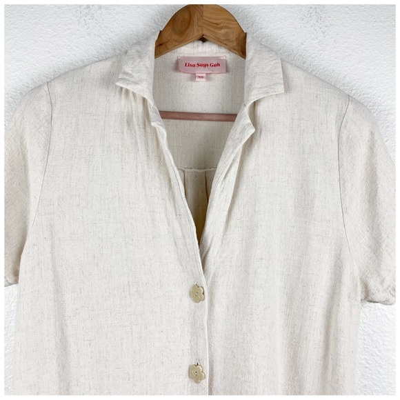 Lisa Says Gah Beige Short Sleeve Linen Blend Button Down Size XS - Picture 5 of 9